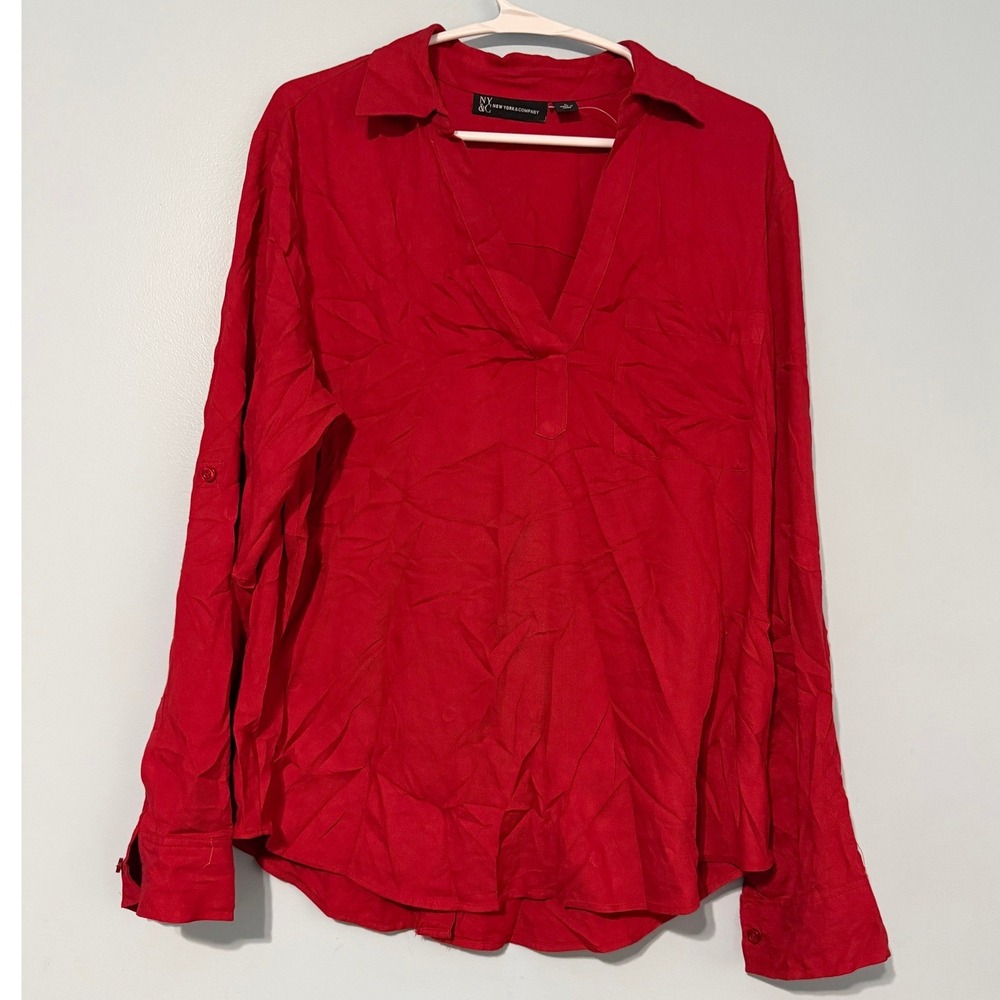 New York & Company Women's L Rayon Split Neck Tunic Blouse Back Button 0965